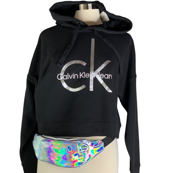 Calvin Klein Jeans Silver CK Spell Out Logo Black Hooded Factory Crop Sweatshirt - Picture 2 of 8